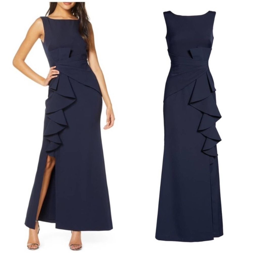 ELIZA J Navy Cascading Ruffle Front Sleeveless Formal Gown Plus Size 14 Elegant